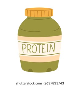 plastic jar of protein. Supplements food for training. Flat color isolated illustration. It is suitable for applications, websites, blogs about training, yoga, health, rehabilitation, active lifestyle