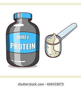 Plastic jar and scoop with whey protein on white background. Sport nutrition. Vector illustration.