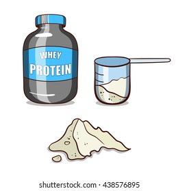 Plastic jar and scoop with whey protein on white background. Sport nutrition. Vector illustration.