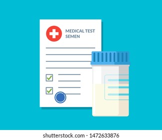 Plastic jar sperm semen test analysis and medical form list with results data and approved check mark vector illustration. Clinical checklist document. Insurance or medicine examination concept