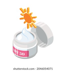 Plastikjar aus Sonnenschutzmitteln mit spf 20 isometrischen Symbolen, Vektorgrafik