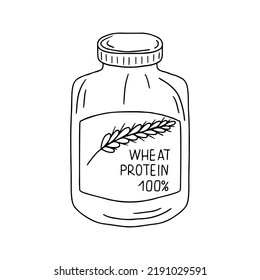 Plastic jar with wheat protein powder in hand drawn doodle style. Healthy nutrition for sportsmen.