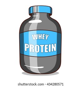 Plastic jar with whey protein on white background. Sport nutrition. Vector illustration.