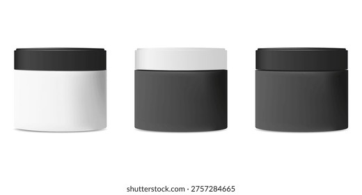 Frascos de plástico para el envasado de productos cosméticos para el cuidado de la piel. Un contenedor de Vector blanco y negro sin logotipo. Un frasco con tapa, resaltado sobre un fondo blanco. Ilustración vectorial