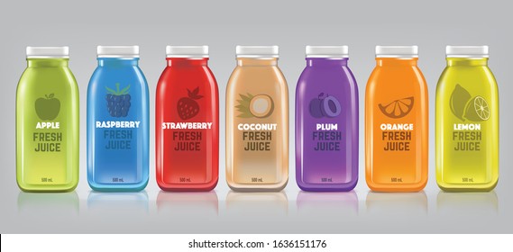 Plastic juice bottle brand concept isolated on light gray background. Packaging vector