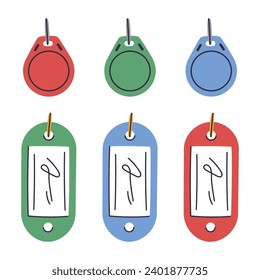 Juego de etiquetas de clave de plástico. Titulares y etiquetas de identidad inmobiliaria, claves de puerta etiquetas de plástico en blanco y colección de ilustraciones vectoriales planas