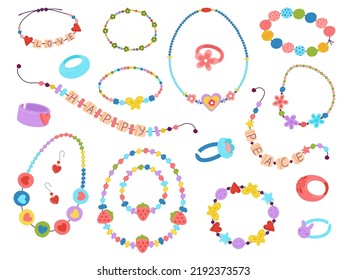Plastic kids beads  Diy beading 00s accessories  braid bracelet   making necklace and letters  90s style jewelry design  fashion children decent vector set