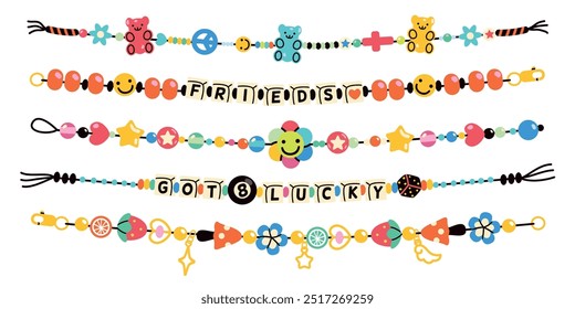 Plastic kids bracelets. Colorful cute beads and handicraft accessories, friendship funky jewelry, letters, stars and hearts, girls bijouterie, cartoon flat style isolated tidy vector set