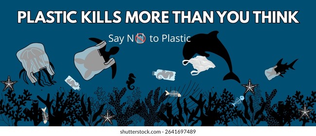 Plastic Kills More Than You Think – impactful banner showing marine life danger from plastic waste. Ideal for ocean pollution awareness, eco campaigns, education, and environmental projects.