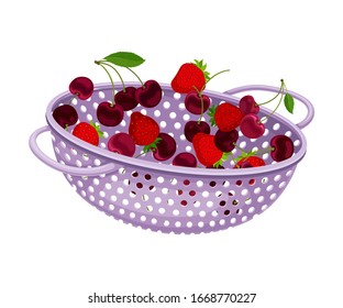 Plastic Kitchen Colander or Strainer with Berries Inside Vector Illustration