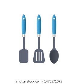 Plastic kitchen utensils cooking tools. Set spatula icon flat white background