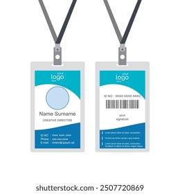 Plastic and Laminated Badge or id card, front and back view, sign isolated on white background, design template with place for photo, flat vector illustration