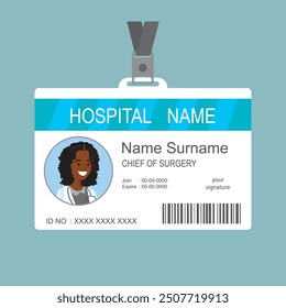 Plastic and laminated medical badge or id card. female doctor face on badge. design template, flat vector illustration