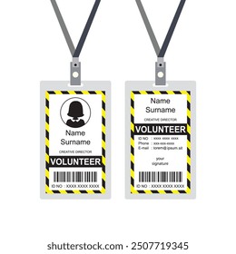 Plastic and laminated volunteer badge or id card, front and back view, isolated on white background, flat template with place for photo, vector illustration