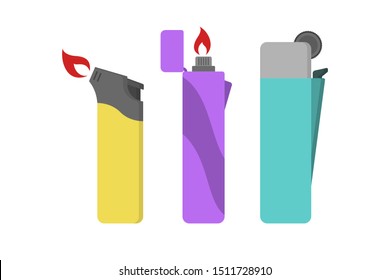 Plastic lighter. Gas flame. Accessory for smoking. Vector illustration in flat style