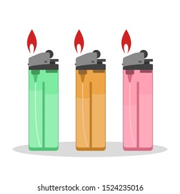 Plastic lighter. Gas flame. Accessory for smoking. Vector illustration in flat style