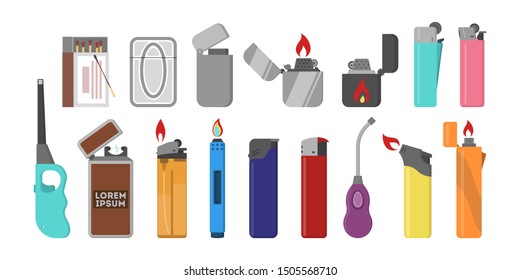 Encendedor de plástico. Llama de gas. Accesorio para fumar. Ilustración del vector en estilo plano