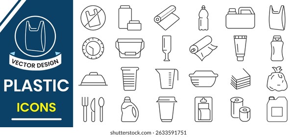 Plastic line icon vector set. Plastic product packaging line icons set such as  water bottle, blister pack, container, canister, garbage bag, recycle plant. Vector illustration.