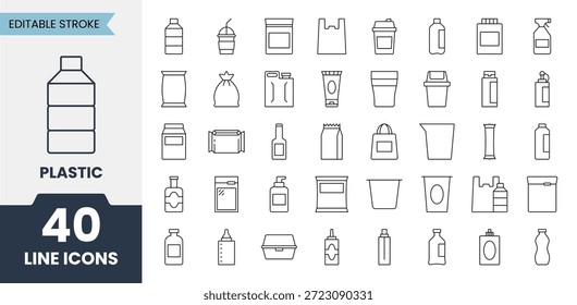 Conjunto de iconos de línea de plástico con trazo editable. Contiene iconos relacionados con la botella de agua, embalaje, paquete de cremallera, spray, bolsa, vajilla desechable y más. Ilustración vectorial