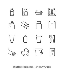 Plastic, linear style icon set. and Polymer Products. Single-use and durable plastic items for packaging, containers, utensils and more. Synthetic material goods. Editable stroke width.