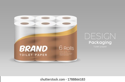 Plastic long roll tissue paper one package six roll, brown and yellow design on gray background, vector illustration