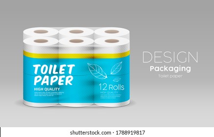 Plastic long roll tissue paper one package twelve roll, blue and yellow design on gray background, vector illustration