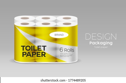 Plastic long roll toilet paper one package six roll, yellow design on gray background, vector illustration