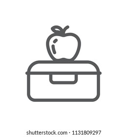 Plastic lunch box with apple for school or work healthy break pixel perfect line icon with editable stroke isolated on white background - outline vector illustration.