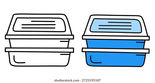 Conjunto de ilustración de caja de almuerzo de plástico. Icono de contenedor de alimentos de dibujos animados. Vector de caja de almacenamiento de preparación de comidas. Clipart de fiambrera azul y contorno