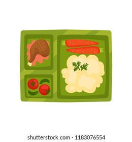 Plastic lunch box with mashed potatoes, chicken leg and fresh vegetables. Green tray with appetizing food. Flat vector icon
