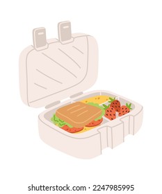 Caja de almuerzo de plástico con sandwich y icono plano de tomate. Ilustración del vector