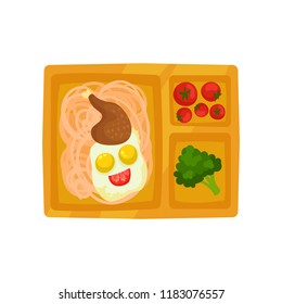 Plastic lunch box with tasty food. Spaghetti, chicken leg, fried egg with funny face, tomatoes and broccoli. Flat vector design