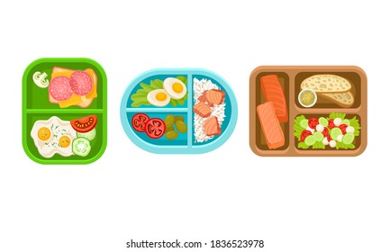 Plastic Lunch Boxes or Trays with Food in Different Sections Vector Set