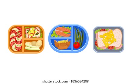 Plastic Lunch Boxes or Trays with Food in Different Sections Vector Set