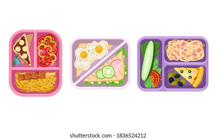 Plastic Lunch Boxes or Trays with Food in Different Sections Top View Vector Set