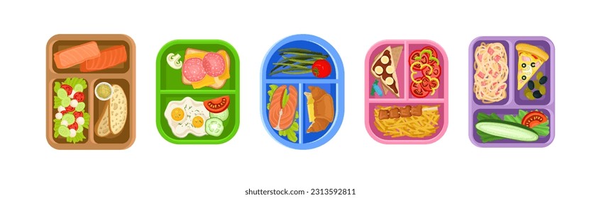 Plastic Lunch Boxes or Trays with Food in Different Sections Vector Set