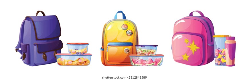 Plastic lunch food container for school backpack vector isolated illustration. Salat and vegetable storage icon clipart, spaghetti and fruit takeaway packaging cartoon set. Prepared meal for kid