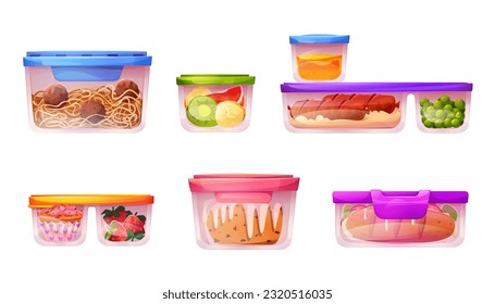 Plastic lunch food storage container icon vector illustration. Isolated cooked vegetable and fruit glass pack for picnic cartoon clipart set. Prepared leftover with salad, dessert and meat ball.