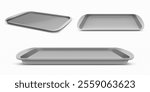 Plastic lunch tray from various angles of view. Realistic 3d mockup of grey rectangular smooth minimalist look with raised edges perfect for serving food or meals in cafe, cafeteria or school canteen.