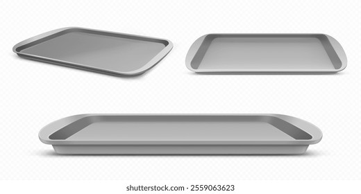 Bandeja de almoço de plástico de vários ângulos de vista. Realista 3d maquete de cinza retangular suave olhar minimalista com bordas elevadas perfeito para servir comida ou refeições no café, cafeteria ou cantina da escola.