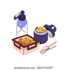 Plastic lunchbox with potato and chicken nuggets, thermos of soup and bottle of water. Bento box for lunch. Containers for meals at school and work. Flat isolated vector illustration on white
