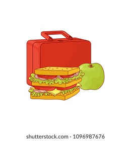 Plastic lunchbox with sandwich and apple for school or work break isolated on white background. Hand drawn vector illustration of lunch time food and package.