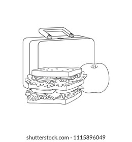 Plastic lunchbox with sandwich and apple for school or work break isolated on white background - black and white hand drawn vector illustration of lunch time food and package.