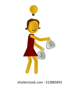 Plastic man, a woman with a bags of money. Color isolated vector illustration on white background. Idea