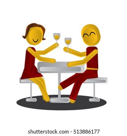 Plastic man and woman date at the table, champagne/wine. Color isolated vector illustration on white background.Love