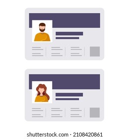 Plastic man and woman identification cards. Personal data. Identity document with a photograph of the person. User or profile card. Driver's license. Vector illustration in flat style.