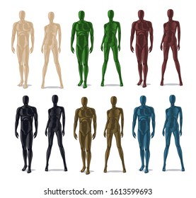 Plastic mannequins. Men and women model dolls for clothes. Isolated colorful dummy for fashion store vector set