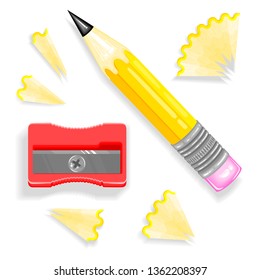 Plastic manual sharpener, graphite short pencil and residues. Logo for stationery, school supplies, etc. Color fill isn't the gradient. Vector illustration. EPS 8. 