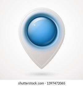 Plastic map location mark with glowing glass bubble. GPS symbol for site, web design, banner, icon, logo or badge. Vector illustration.
