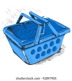 Plastic market shopping basket hand drawing cartoon sketch illustration in childish doodle style